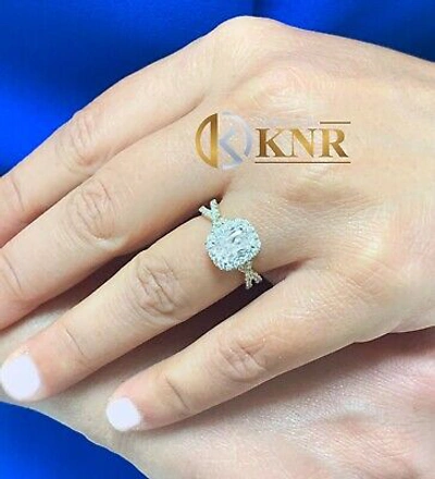 Pre-owned Charles & Colvard 14k Yellow Gold Cushion Moissanite And Natural Diamond Engagement Rings 2.40ctw