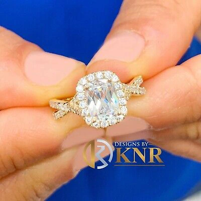 Pre-owned Charles & Colvard 14k Yellow Gold Cushion Moissanite And Natural Diamond Engagement Rings 2.40ctw