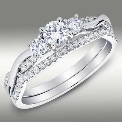 Pre-owned Arista Jewels Diamond Ring .77 Ct H/s12 3 Stone 14k White Gold Twist Accents W Matching Band In White/colorless
