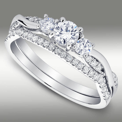 Pre-owned Arista Jewels Diamond Ring .77 Ct H/s12 3 Stone 14k White Gold Twist Accents W Matching Band In White/colorless