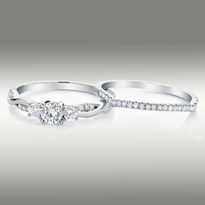 Pre-owned Arista Jewels Diamond Ring .77 Ct H/s12 3 Stone 14k White Gold Twist Accents W Matching Band In White/colorless