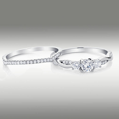 Pre-owned Arista Jewels Diamond Ring .77 Ct H/s12 3 Stone 14k White Gold Twist Accents W Matching Band In White/colorless