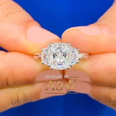 Pre-owned Asw 14k Solid White Gold Cushion And Half Moon Moissanite Engagement Ring 3.00ctw