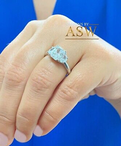 Pre-owned Asw 14k Solid White Gold Cushion And Half Moon Moissanite Engagement Ring 3.00ctw