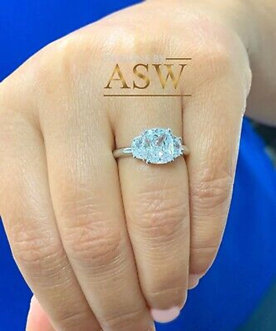 Pre-owned Asw 14k Solid White Gold Cushion And Half Moon Moissanite Engagement Ring 3.00ctw