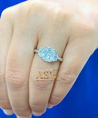 Pre-owned Asw 14k Solid White Gold Cushion And Half Moon Moissanite Engagement Ring 3.00ctw