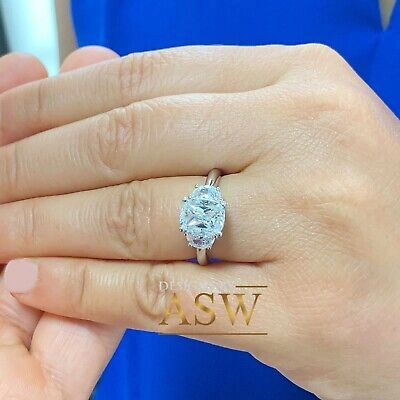 Pre-owned Asw 14k Solid White Gold Cushion And Half Moon Moissanite Engagement Ring 3.00ctw