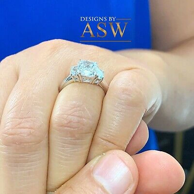 Pre-owned Asw 14k Solid White Gold Cushion And Half Moon Moissanite Engagement Ring 3.00ctw