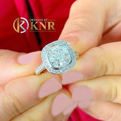 Pre-owned Knr Inc 14k White Gold Cushion Moissanite And Natural Diamond Engagement Ring Bezel 3.00