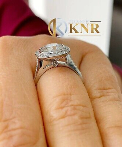 Pre-owned Knr Inc 14k White Gold Cushion Moissanite And Natural Diamond Engagement Ring Bezel 3.00