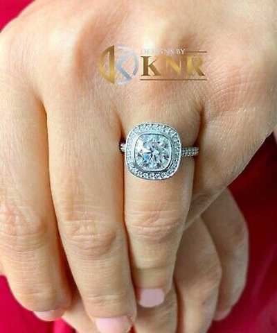 Pre-owned Knr Inc 14k White Gold Cushion Moissanite And Natural Diamond Engagement Ring Bezel 3.00