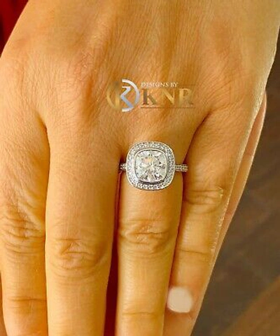 Pre-owned Knr Inc 14k White Gold Cushion Moissanite And Natural Diamond Engagement Ring Bezel 3.00