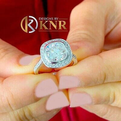 Pre-owned Knr Inc 14k White Gold Cushion Moissanite And Natural Diamond Engagement Ring Bezel 3.00