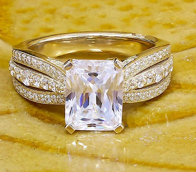 Pre-owned Charles & Colvard 14k Yellow Gold Radiant Forever One Moissanite And Diamond Engagement Ring 2.50 In White