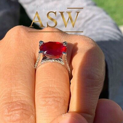 Pre-owned Halo 14k White Gold Oval Cut Ruby And Round Diamond Split Shank Design Ring 12.65ct In Red