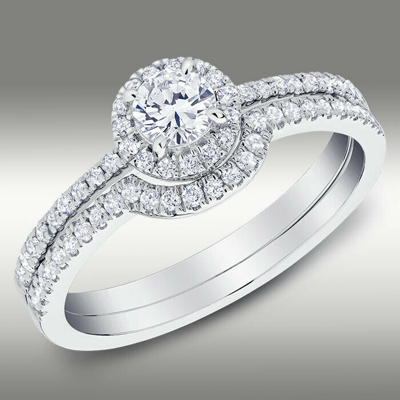 Pre-owned Arista Jewels Halo Round Brilliant Genuine .77ct Diamond Wedding Ring Set 14k White Gold H/si2