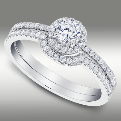 Pre-owned Arista Jewels Halo Round Brilliant Genuine .77ct Diamond Wedding Ring Set 14k White Gold H/si2