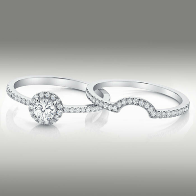 Pre-owned Arista Jewels Halo Round Brilliant Genuine .77ct Diamond Wedding Ring Set 14k White Gold H/si2