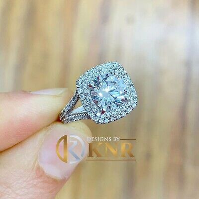 Pre-owned Knr Inc 14k White Gold Round Moissanite And Natural Diamond Engagement Ring Halo 3.00ctw