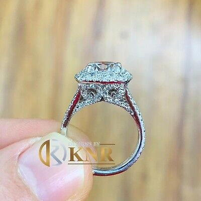 Pre-owned Knr Inc 14k White Gold Round Moissanite And Natural Diamond Engagement Ring Halo 3.00ctw