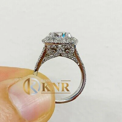 Pre-owned Knr Inc 14k White Gold Round Moissanite And Natural Diamond Engagement Ring Halo 3.00ctw