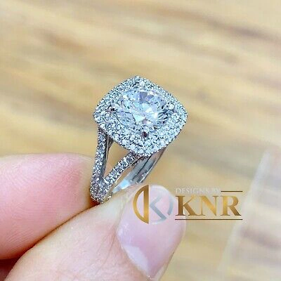 Pre-owned Knr Inc 14k White Gold Round Moissanite And Natural Diamond Engagement Ring Halo 3.00ctw