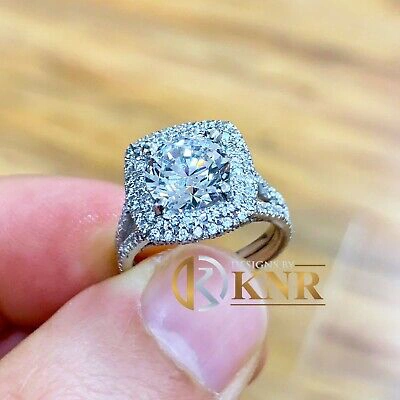 Pre-owned Knr Inc 14k White Gold Round Moissanite And Natural Diamond Engagement Ring Halo 3.00ctw