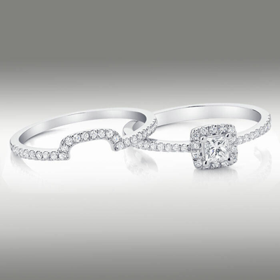 Pre-owned Arista Jewels Halo Princess Cut .81ct Diamond Bridal Engagement Ring Set H/si2 14k White Gold In White/colorless