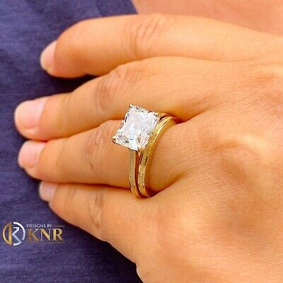 Pre-owned Knr Inc 14k Yellow Gold Radiant Moissanite Engagement Ring And Band Solitaire 3.50ct