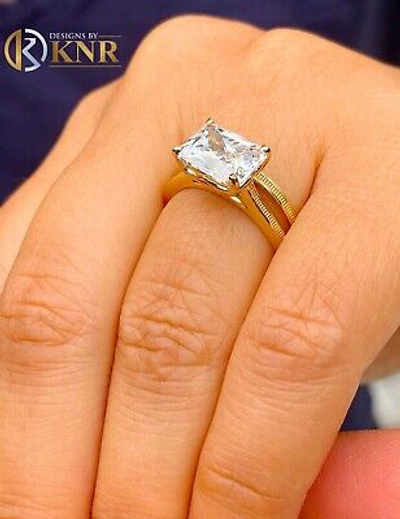 Pre-owned Knr Inc 14k Yellow Gold Radiant Moissanite Engagement Ring And Band Solitaire 3.50ct