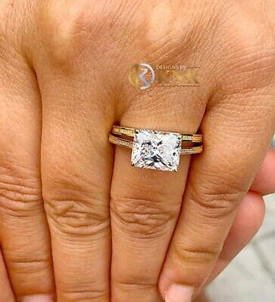 Pre-owned Knr Inc 14k Yellow Gold Radiant Moissanite Engagement Ring And Band Solitaire 3.50ct