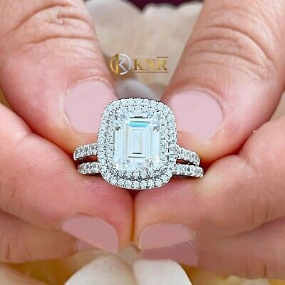 Pre-owned Knr Inc 14k White Gold Emerald Moissanite And Natural Diamond Engagement Ring Band 2.50