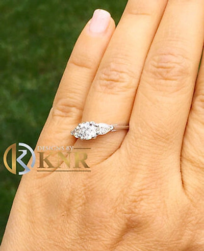 Pre-owned Knr 14k White Gold Round And Pear Cut Diamond Engagement Ring Bridal Natural 1.20ctw