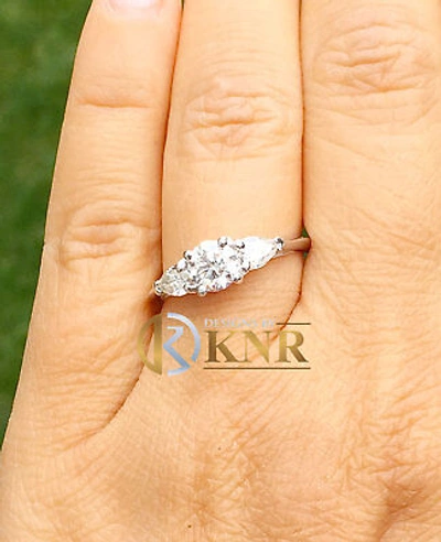 Pre-owned Knr 14k White Gold Round And Pear Cut Diamond Engagement Ring Bridal Natural 1.20ctw