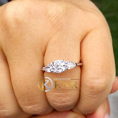 Pre-owned Knr 14k White Gold Round And Pear Cut Diamond Engagement Ring Bridal Natural 1.20ctw