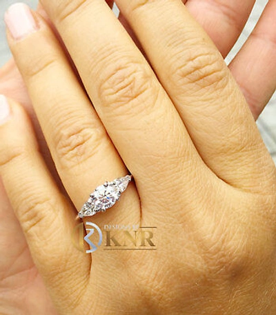 Pre-owned Knr 14k White Gold Round And Pear Cut Diamond Engagement Ring Bridal Natural 1.20ctw