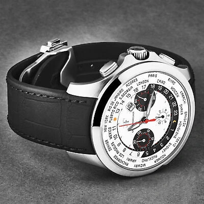 Pre-owned Girard-perregaux Gp Men's 'world Timer' Silver Dial Black Strap Automatic Watch 49700-11-131-bb6c