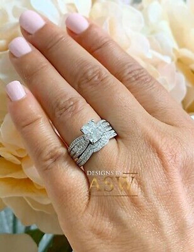 Pre-owned Asw 14k Solid White Gold Radiant And Round Cut Engagement Ring And Bands 4.00ctw