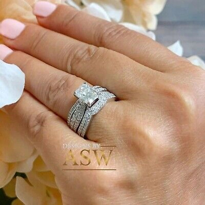 Pre-owned Asw 14k Solid White Gold Radiant And Round Cut Engagement Ring And Bands 4.00ctw
