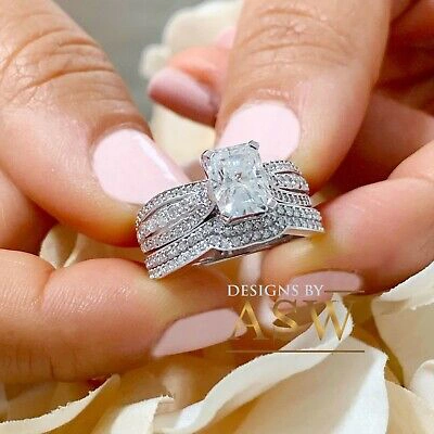 Pre-owned Asw 14k Solid White Gold Radiant And Round Cut Engagement Ring And Bands 4.00ctw