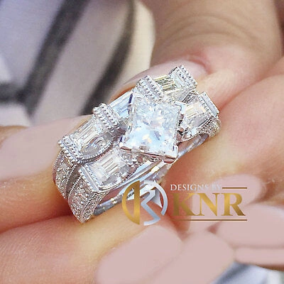 Pre-owned Knr 14k White Gold Princess Forever Moissanite Engagement Ring And Band Bridal 2.50