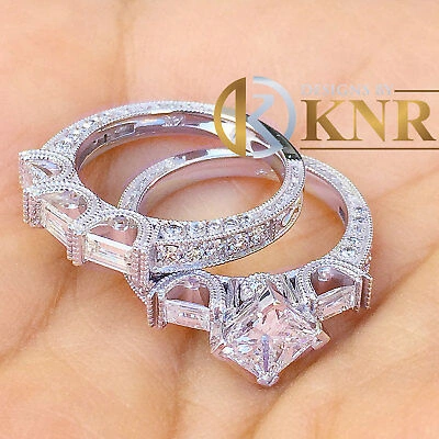 Pre-owned Knr 14k White Gold Princess Forever Moissanite Engagement Ring And Band Bridal 2.50