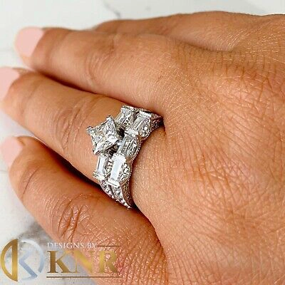 Pre-owned Knr 14k White Gold Princess Forever Moissanite Engagement Ring And Band Bridal 2.50