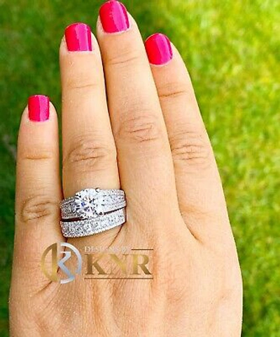 Pre-owned Knr Inc 14k White Gold Round Moissanite Natural Diamonds Engagement Ring And Band 4.50ct