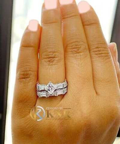 Pre-owned Knr 14k White Gold Princess Forever Moissanite Engagement Ring And Band Bridal 2.50