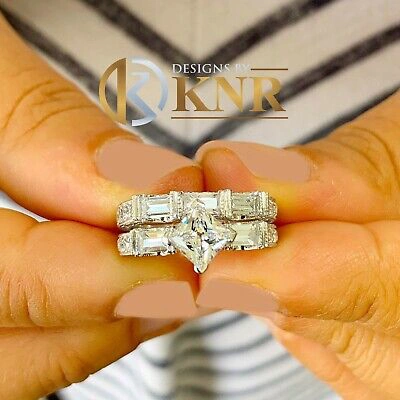 Pre-owned Knr 14k White Gold Princess Forever Moissanite Engagement Ring And Band Bridal 2.50