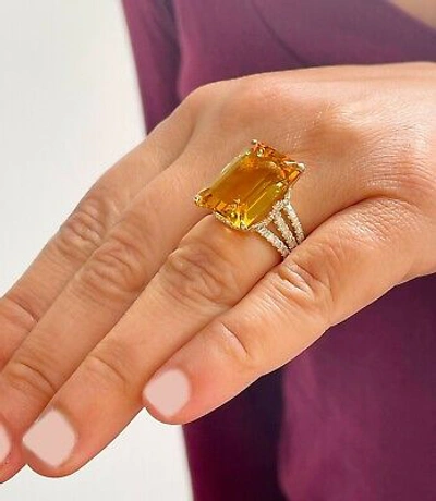 Pre-owned Split 14k Yellow Gold Cushion Yellow Citrine Round Cut Diamond Ring  Band 10.75ct