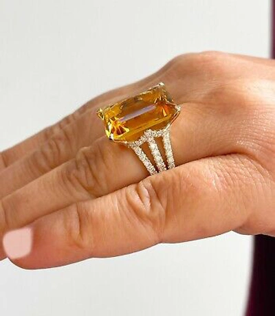 Pre-owned Split 14k Yellow Gold Cushion Yellow Citrine Round Cut Diamond Ring  Band 10.75ct