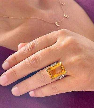 Pre-owned Split 14k Yellow Gold Cushion Yellow Citrine Round Cut Diamond Ring  Band 10.75ct