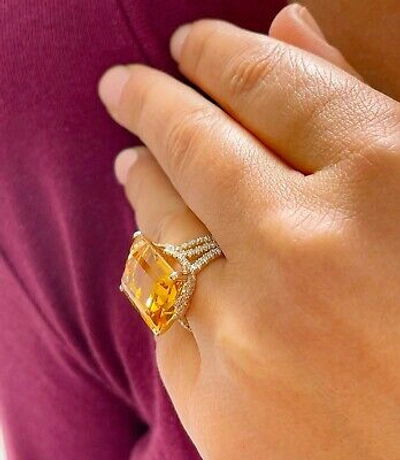 Pre-owned Split 14k Yellow Gold Cushion Yellow Citrine Round Cut Diamond Ring  Band 10.75ct